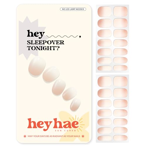 Heyhae Semi Cured Gel Nail Strips | No LED Lamp Needed | Ombre, Neutral, Spring | Easy Apply & Remove, Salon Quality |Includes 28 Strips, 1 Prep Pads, Nail File & Wooden stick- Hey, Sleepover Tonight?