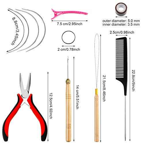 Chuangdi Hair Extension Tools Kit: 600 Silicone Lined Micro Ring Beads 1 Pliers 1 Comb 2 Hook Needle Pulling Loop 10 Curved Hair Needle 4 Alligator Clips 100 Mini Rubber Band Hand Tie Extention Tools