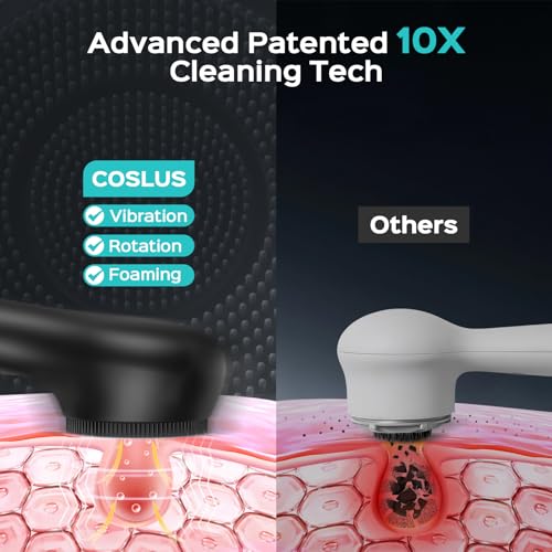 COSLUS Face Scrubber Facial Cleansing Brush: 2 in 1 Spin and Vibration Patented Tech, Silicone Electric Exfoliator Scrubber with Automatic Foaming, Waterproof Face Cleanser Brush for Men and Women