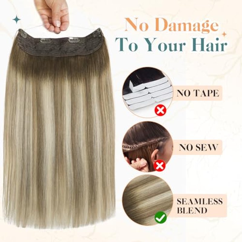 Sindra Wire Hair Extensions Human Hair Balayage Walnut Brown to Light Brown With Blonde Fishing Line Extensions 22Inch 85g Remy Invisible Wire W22#3/8/22