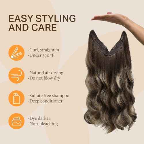 DOORES Wire Hair Extensions 14 Inch 75g Remy Human Wire Hair Extensions Invisible Transparent Line Adjustable Hairpieces Secret Extensions Straight Hair Balayage Chocolate Brown to Honey Blonde