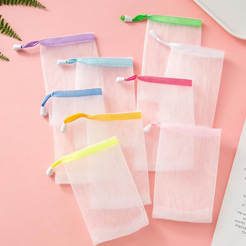 20 Pcs Exfoliating Mesh Soap Pouch Drawstring Foam Bag Soap Saver Sack Soap Foaming Net for Face Washing Color Random
