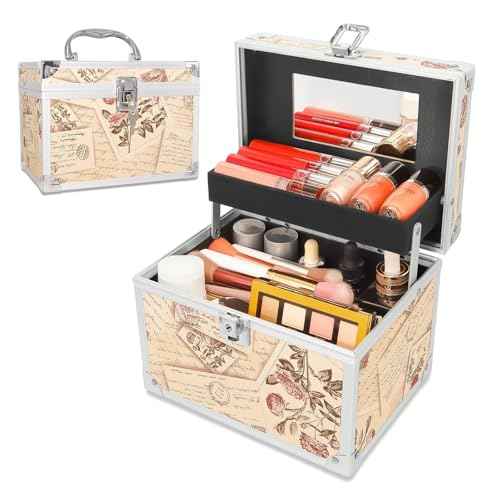 VNIMTI Makeup Train Case, Portable Makeup Box with Mirror, Cosmetic Storage Box for Women with Trays, Makeup Box Organizer for Vanity, Travel, Lockable& Large Capacity (Philatelic Style)