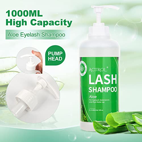 Eyelash Extension Cleanser Aloe 1L Natural Lash Extension Shampoo Professional Eyelid Foaming Cleanser Paraben & Sulfate Free Non-lrritating with Salon and Home Care