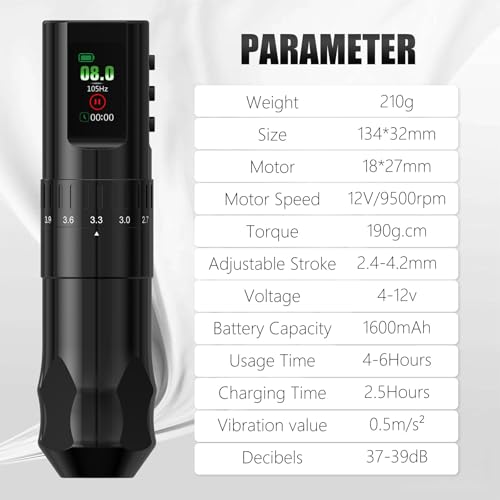 Tattoo Gun Kit Wireless Tattoo Kit Complete for Beginner, Urex G2 Tattoo Machine Kit Professional, 7 Adjustable Stroke Tattoo Pen, Dual 1600 mAh Machine Gun Battery, 20pcs Mixed Cartridge Needles