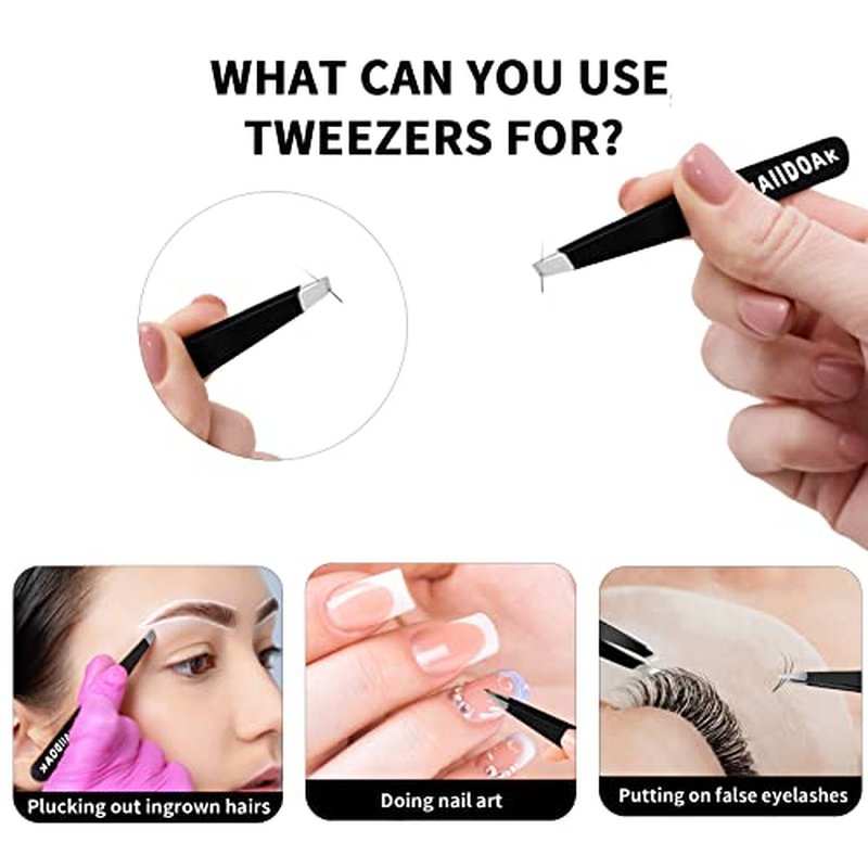 Tweezers Set, Professional Stainless Steel Tweezers for Eyebrows, Great Precision for Facial Hair, Splinter and Ingrown Hair Removal (3 Count / 3.8inch, Black)