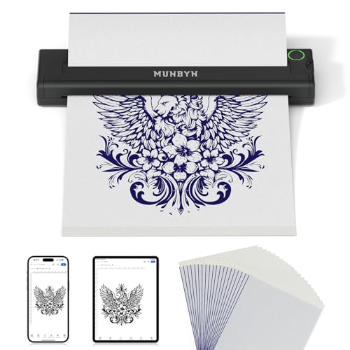 MUNBYN Tattoo Stencil Printer ITP05, Wireless Thermal Tattoo Printer with 20 Transfer Papers, Compatible with Android and iOS Phone/Tablet & PC, Tattoo Printers for Tattoo Artists & Beginners (Black)