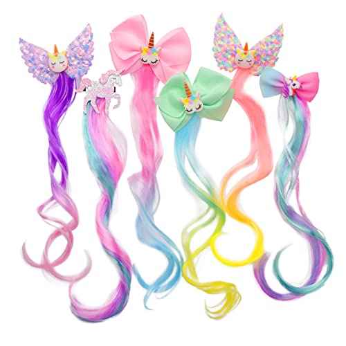 Little World Hair Clips for Girls - 6 Pcs Curly Clip in Hair Extensions with Cute Unicorn Bow - 13in Gradient Color Hair Clips for Girls Clip On for Toddler Kids Girls Ponytails Accessories