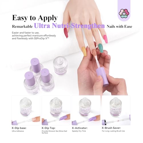 SAVILAND Dip Powder Liquid Set: 15 ml/0.5 Fl.oz Nail Dipping System Essentials for Beginners - HEMA-free Dip Base, Top, Activator, Brush Saver - Strengthen Nails DIY at Home, No Nail Lamp Needed