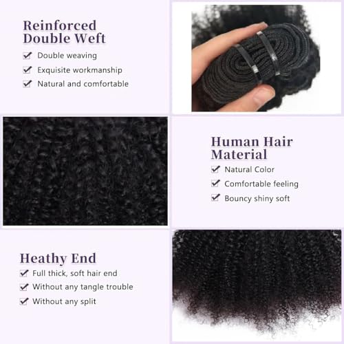 Mongolian Afro Kinky Curly Human Hair 3 Bundles (10 12 14 Inchs) Afro Curly Weave Hair Extensions for Black Women Unprocessed Virgin Hair Afro Kinky Human Hair Bundles Natural Color