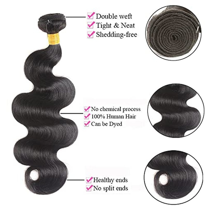 Body Wave Human Hair Bundles with Closure 100% Unprocessed Brazilian Virgin Human Hair 3 Bundles Body Wave with 4X4 Free Part Lace Closure Natural Black Hair Extension