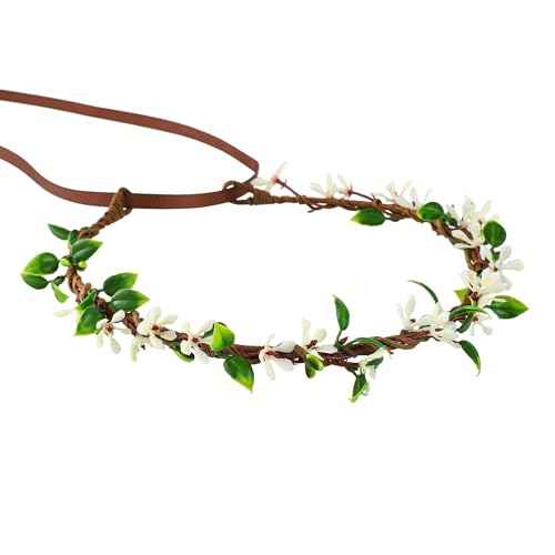 Handmade White Flower Crown Fairy Wreath Women Girls Flower Headband for Bridal Weeding Headdress Fairy Green Leaf Headpiece Cosplay Photo Prop