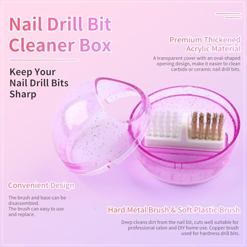 Nail Drill Bits Cleaner Brush Case Accessories, Nail Art Cleaner Tool Case with Steel & Nylon Wire Brush for Cleaning Tungsten Carbide Ceramic Nail Drill Bits Cuticle, purple