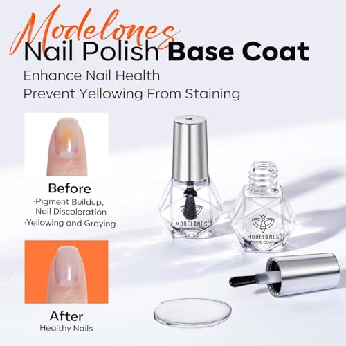 modelones 2 Pcs No Wipe Top Coat and Base Coat Nail Polish Set, Clear Quick Dry Nail Polish High Shine Long Lasting Glossy Regular Nail Lacquer Air Dry Fast Base Top Coat Gifts for Women Nail Art 5 ML