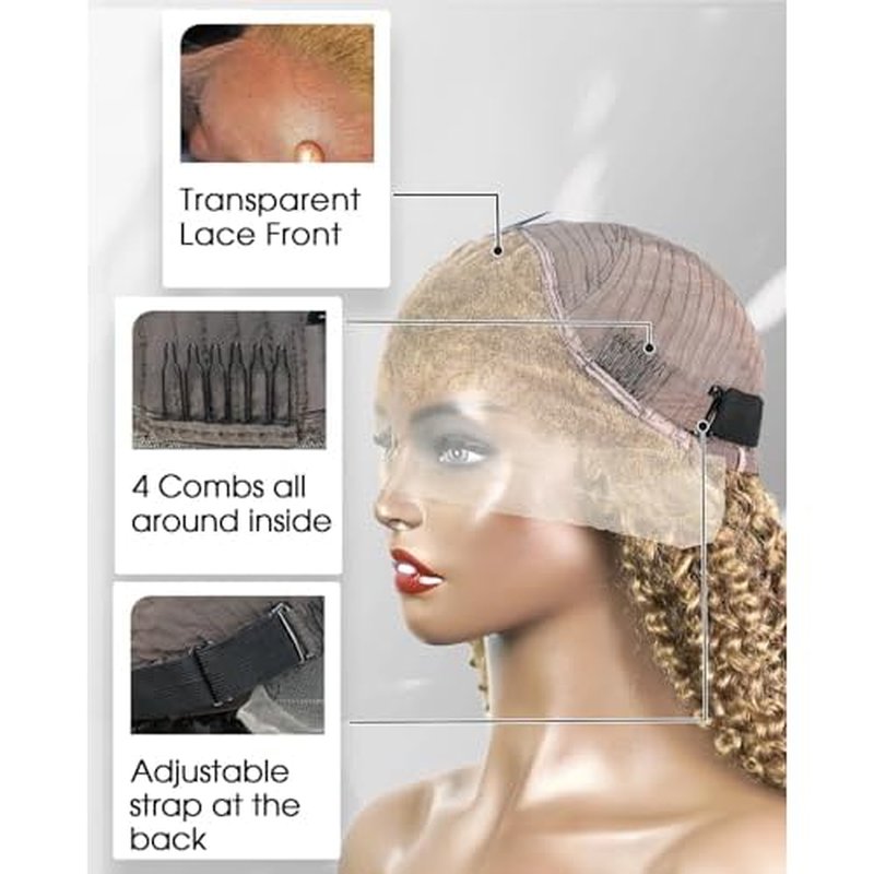 4C Edges HD Lace Front Wig Human Hair Honey Blonde Kinky Curly Wig, 13x4 Lace Frontal Kinkycurly Wigs with 4C Kinky Edges Hairline Pre-Plucked 180% Density 16 inch