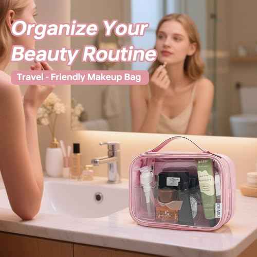 Clear Makeup Bag Toiletry Bag for Women 4 Compartments Travel Cosmetic Case Large Capacity Waterproof Skincare Pouch Organizers with Zippe Deep Pink