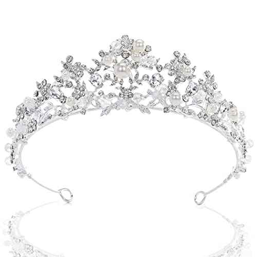 Uranian Silver Crowns and Tiaras Bridal Wedding Crowns Crystal Princess Pearl Tiaras Vintage Hair Accessories for Women and Girls