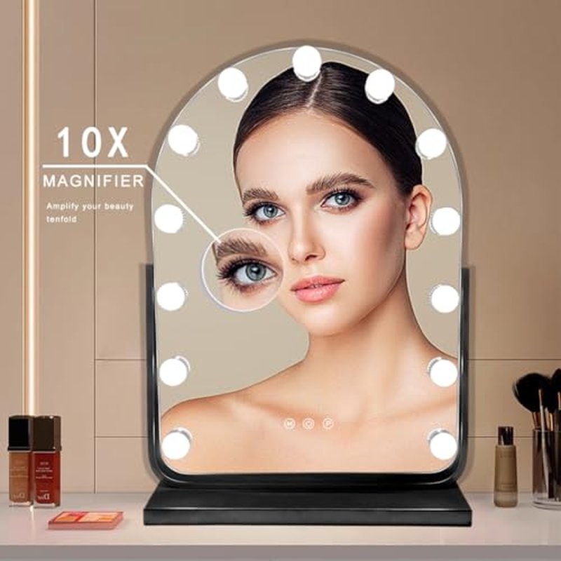 Hollywood-Style Vanity Mirror Makeup Mirrors with Lights, 13" x 17.3", 13 Dimmable Bulbs, 3 Color Modes, 360¡Æ Rotation, Touch Control & Memory Function, 10X Magnifier (Painted Black)