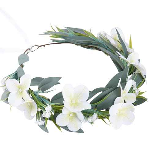 White Flower Crown Headband, Artificial Fairy Flower Headband with Green Leaf, Bridal Boho Floral Headpiece for Women Girls Maternity Birthday Wedding Festival Renaissance Hair Accessory