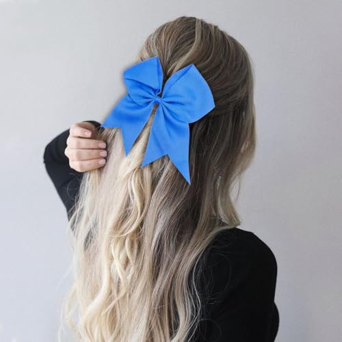 Blue Cheer Bows Set - 8 Inch Hair Bows for Cheerleaders, Ponytail Holders, Ribbons, Softball Hair Ties, and Cheer Accessories