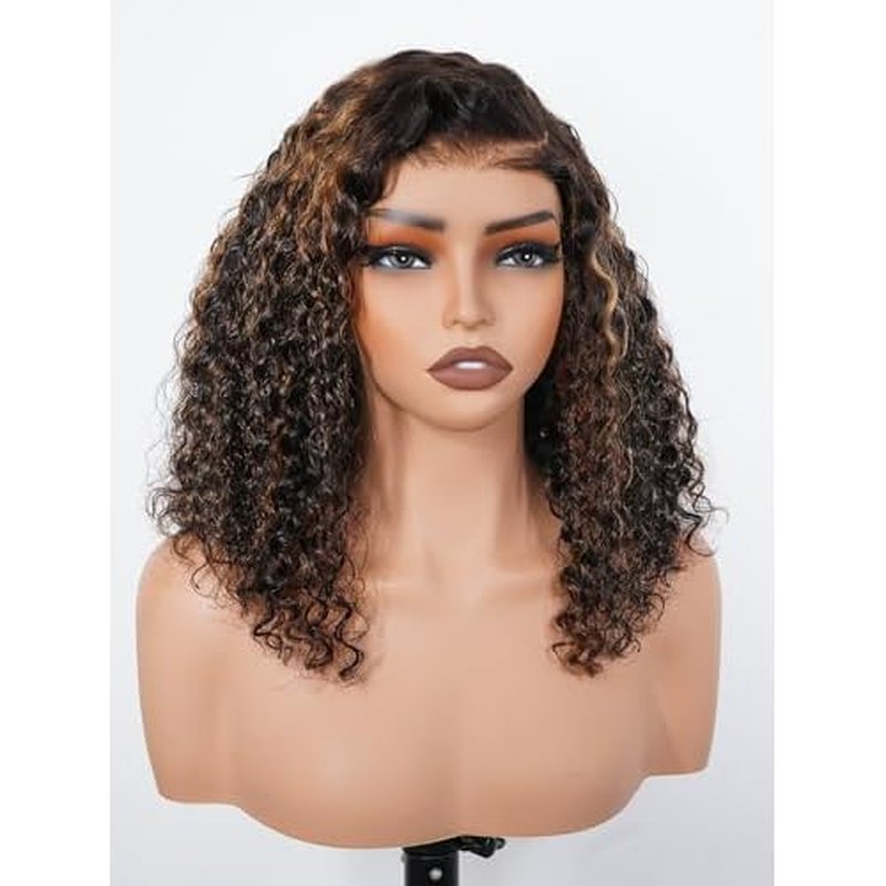 ISEE Hair Highlight Glueless Bob Wigs Human Hair Pre Plucked Pre Cut 2/30 Honey Blonde Curly Human Hair Wig for Black Women Ombre Water Wave 5x7 HD Lace Closure Wigs with Elastic Band 12 Inch