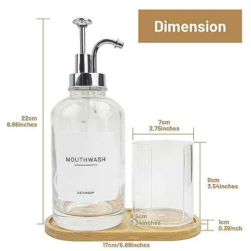 17OZ Mouthwash Clear Glass Pump Dispenser with Disposable Mouthwash Cups Holder Refillable Clear Container with Bamboo Tray, Mouthwash Labels
