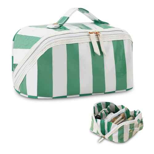 DYSHAYEN Stripe Travel Makeup Bag with Compartments Clear Coated Cosmetic Bag for Women, Waterproof Portable Open Flat Toiletry bag £¨White-Green£©