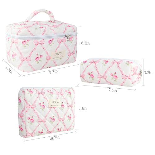 3Pcs Cotton Quilted Makeup Bag Large Travel Cosmetic Bag Coquette Makeup Pouch Cute Aesthetic Floral Toiletry Bag for Women Girls (flower-R)