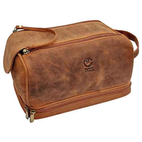 Leather Toiletry Bag for Men - Travel Shaving Dopp Kit - Bathroom Shower Toiletries Organizer - Cosmetic Make up Bag for Women