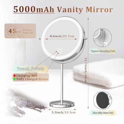 9in Makeup Mirror with Lights, 3x/20x 5000mAh Rechargeable Lighted Makeup Mirror with Magnification, 360¡Æ Rotate Magnifying Mirror,3 Color,Dimmable up,3800lux,80 LEDs,No Height Adjustment,Silvery