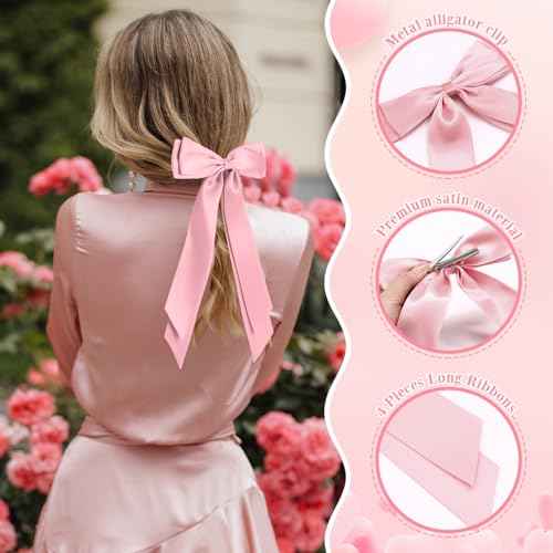 Mimorou 16 Pcs Satin Hair Bows for Women Girls Bulk Long Hair Bow Clips with Long Tail Silky Ribbon Barrettes Ponytail Holder Accessories Christmas Birthday Wedding Holiday Gifts