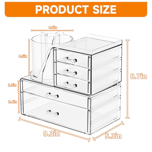 Clear Acrylic Makeup Organizers for Vanity,Countertop,3 Pack Make up Drawer Organizer With Makeup Brush Holder,Plastic Skincare Organizers for Hair Accessories,Beauty,Hair Products,Bathroom,Dresser