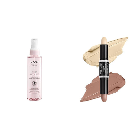 NYX PROFESSIONAL MAKEUP Bare With Me Primer & wet n wild MegaGlo Contour Stick Light Medium Cruelty-Free Bundle