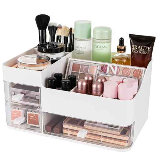 KLGO Makeup Organizer and Storage Cosmetic Display Case With 3 Clear Drawers Skincare Organizer for Bathroom Make Up Stand for Vanity Lipsticks, Jewelry, Nail Care, Eyeshadow, Skincare