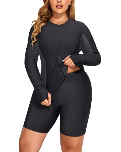 Daci Women Black 2 Piece Plus Size Long Sleeve Rash Guard Zip Front Athletic Bottom Tankini Swimsuits UPF 50 22 Plus