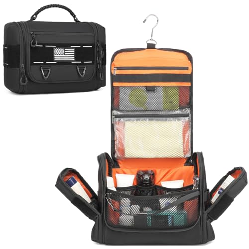 Toiletry Bag for Men - Tactical Hanging Toiletry Travel Bag Shower Bathroom Organizer for Cosmetics/Shaving/Traveling Toiletries Kit, Portable Case with Handle & Swivel Hook, Black
