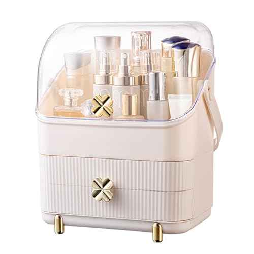 Preppy Skincare Organizers Makeup Organizer Holder Cosmetic Storage Box Display Case 3 Tiers Dust Free Cover Portable Handle 2 Rroomy Drawers Gift Great For Bathroom Countertop Dresser Ivory White