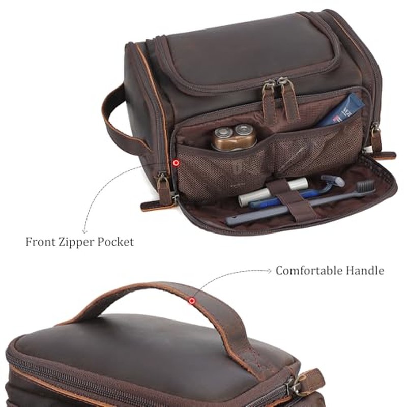 Polare Full Grain Leather Toiletry Case Bag Travel Dopp Kit Organizer Hanging Makeup Cosmetic Shaving Kit Wash Case for Men