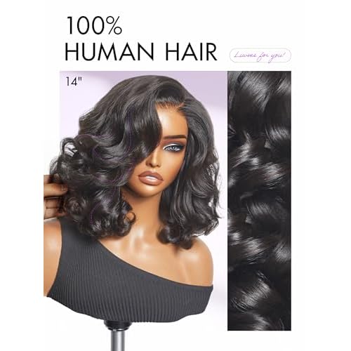 LUVME HAIR 100% Human Hair Wigs Loose Wave Glueless Lace Front 12 Inches, Pre Cut Plucked Hd Lace Short Wig Ready To Go Natural Color Straight Bleached Knots Side Part Black Wigs