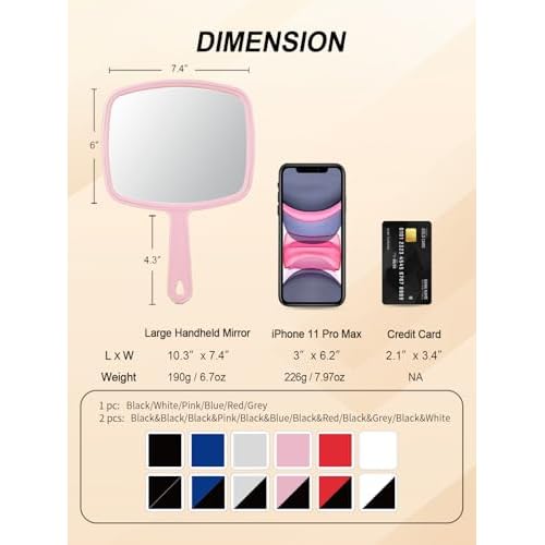 Hand Mirror Salon Barber Hairdressing Handheld Mirror with Handle (Square Pink 7.4 x 10.3 inches)