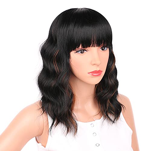 Black Mixed Brown Wig for Black Women 14 Inch Short Wavy Hair Wigs Curly Bob Wig with Bangs Wigs Shoulder Length Wigs for Black Women Bob Style Synthetic Heat Resistant