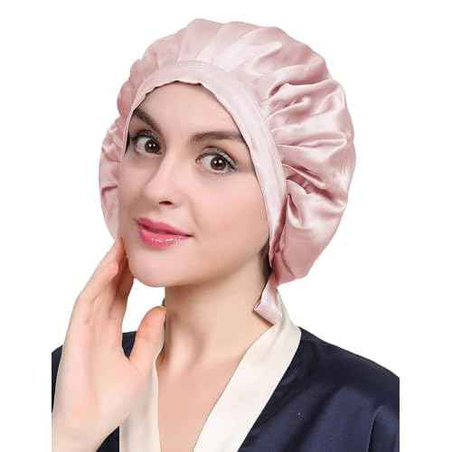 LilySilk 100% Mulberry Silk Bonnet, Silk Night Sleep Cap Adjustable Hair Wrap for Sleeping, Rosy Pink
