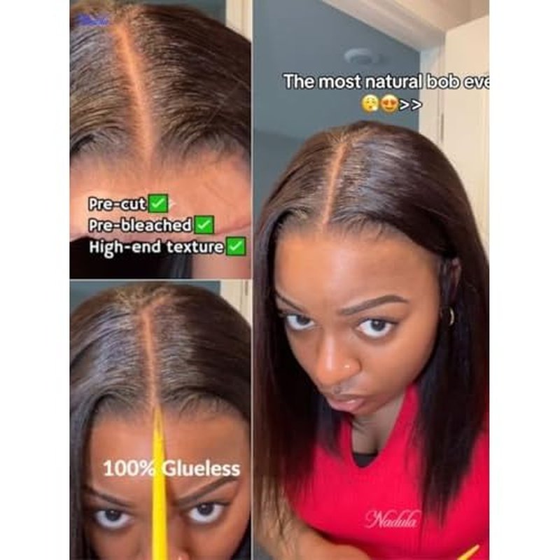 Nadula 8inch Yaki Straight Bob Drawstring Wig Human Hair Glueless Pre Cut 7x5 HD Bye Bye Knots Lace Front Wig Pre Plucked Invisible Knots Ready to Wear Short Light Yaki Bob Wigs 150% Density