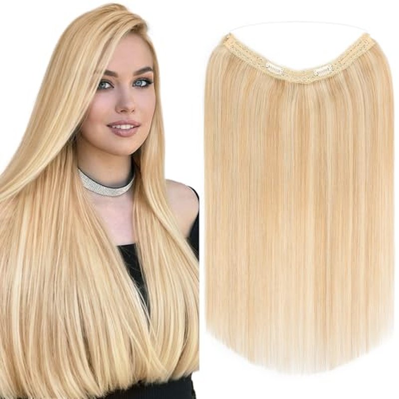Elailite Halo Hair Extensions Real Human Hair for Women Ash Blonde & Bleach Blonde Clip in Remy Hairpiece with Adjustable Invisible Wire 22 Inch 75G