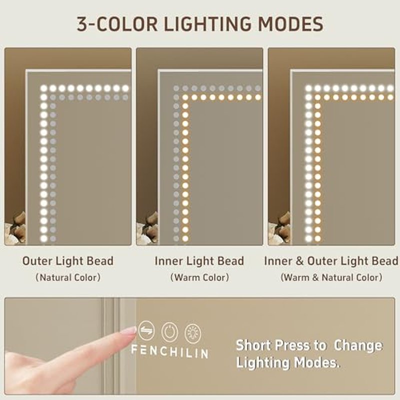 FENCHILIN Vanity Mirror with Lights 32"x 23" Makeup Mirror Lighted LED Makeup Vanity Mirror 3 Dimmable Modes Smart Touch Control Hollywood Mirror with Lights 10X Magnification White