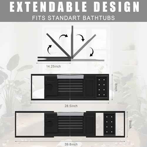 Foldable Bathtub Caddy Tray for Tub,Bamboo Expandable Bath Table Trays,Premium Bathroom Accessories for New Home & Mothers Day & Birthday Gifts for Couples,Black