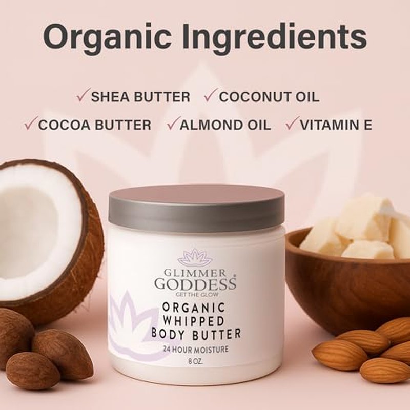Glimmer Goddess Organic Whipped Body Butter for Women - Moisturizer Cream with Shea & Cocoa Butter, Almonds & Coconut Oil - Autumn Breeze, 8oz