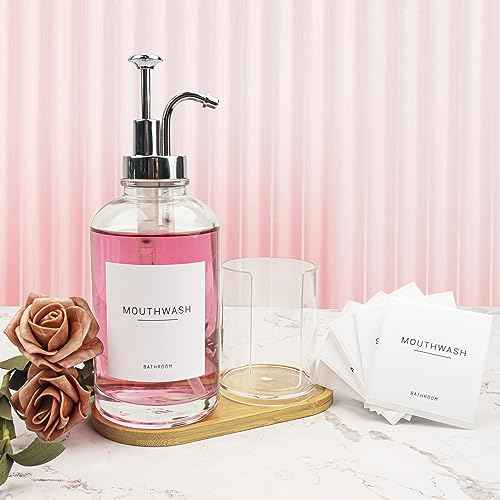 17OZ Mouthwash Clear Glass Pump Dispenser with Disposable Mouthwash Cups Holder Refillable Clear Container with Bamboo Tray, Mouthwash Labels