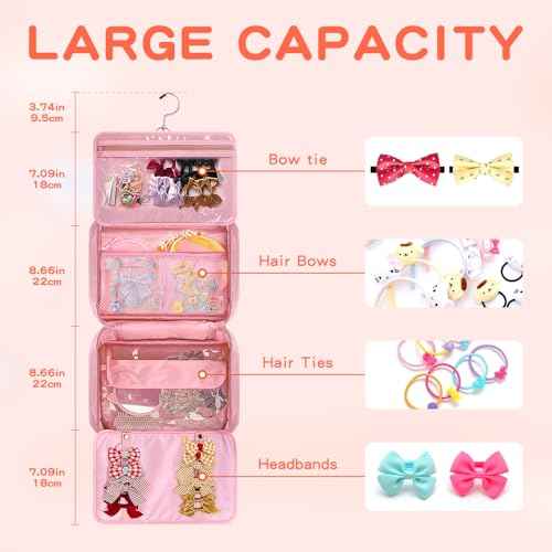 Hair Accessories Organizer for Girls, Hanging Hair Bow Storage Bag for Girls Hair Clips, Travel Organizer With Hair Clips, Headbands, Scrunchies & Ties - Empty Bag (Pink)