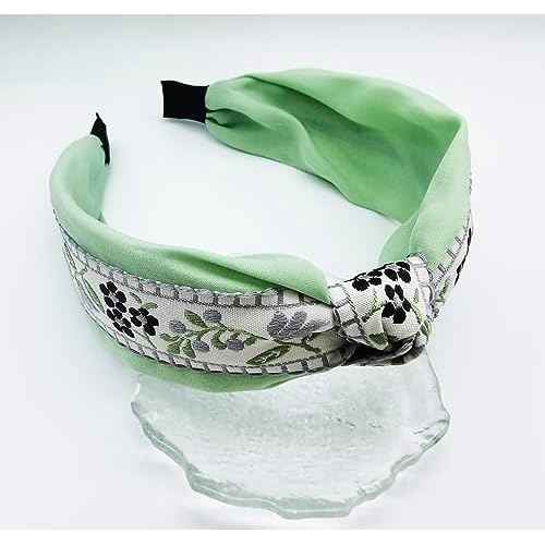 Boho Knotted Green Headband with Handmade Lace Embroidery Floral Headband for Girls Womens